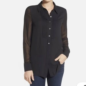 VINCE Tuxedo Black Sheer-Sleeve Women's Blouse size 8 or M Like New